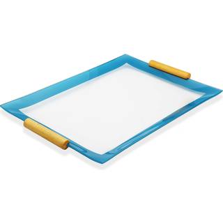 GAC elegant rektangulært tempereret glas serveringsfad & bakke med træhåndtag- blå kantens holdbar opvaskemaskine sikker designet til underholdni