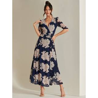 Jolie Moi Jolie Moi Blue Daliyah Wrap Front Mesh Maxi Dress