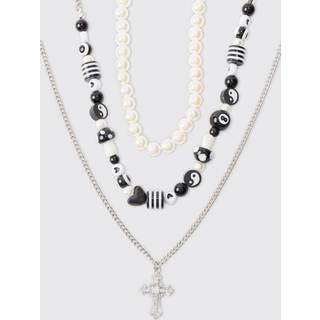 Mens 3 Pack Beaded Necklace With Cross Pendant In Silver