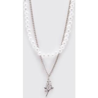 Mens Silver Rose Charm Pearl Necklace