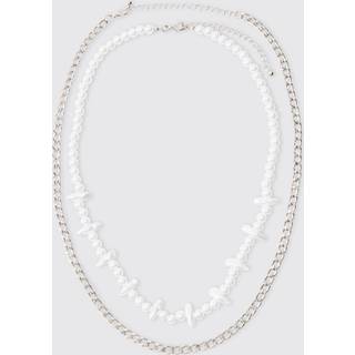 Mens 2 Pack Pearl And Metal Chain Necklaces In Silver