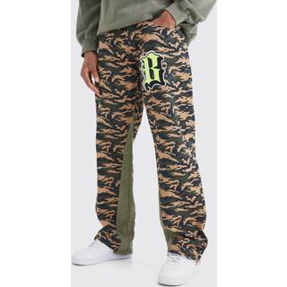 Mens Khaki Camo Gusset Detail Applique Flared Trousers