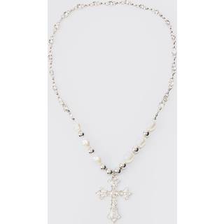 Mens Pearl Cross Necklace In Silver