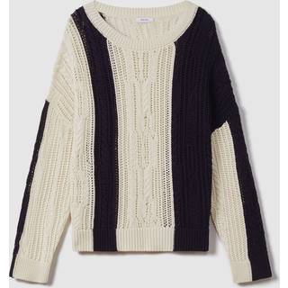 Reiss Reiss Cream/Navy Tanya Cotton Blend Open Stitch Crew Neck Jumper