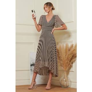Jolie Moi Jolie Moi Brown Spot Angel Sleeve Pleated Chiffon Maxi Dress