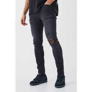 Mens Washed Black Skinny Stretch Extreme Knee Rip Jeans