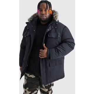 Mens Plus Faux Fur Hooded Arctic Parka Jacket in Black