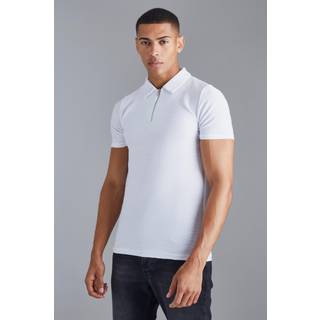 Mens White Slim Fit Ottoman Rib 1/4 Zip Polo