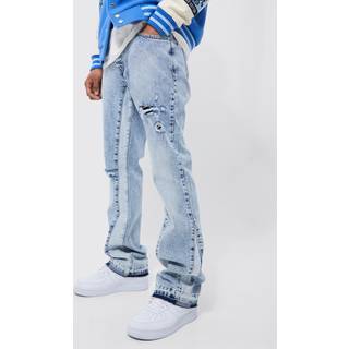 Mens Ice Blue Slim Flare Washed Distressed Gusset Panel Jeans