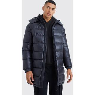 Mens Longline High Shine Hooded Puffer Jacket in Black
