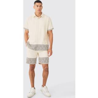 Mens Ecru Oversized Soft Twill Printed Hem Shirt And Short