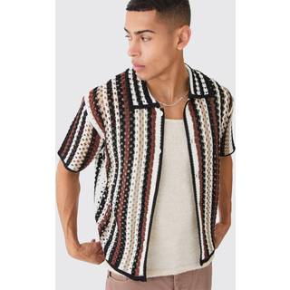 Mens Chocolate Oversized Boxy Open Knit Stripe Shirt