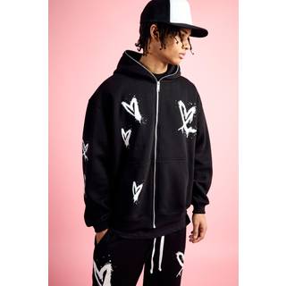 Mens Black Oversized Heart Zip Through Hoodie