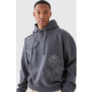 Mens Charcoal Oversized Spray Wash Rose Applique Hoodie