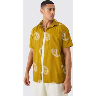 Mens Mustard Oversized Soft Twill Paisley Embroidered Shirt