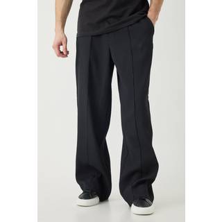 Mens Black Tall Elasticated Waist Wide Leg Pleated Pintuck Seam Trouser