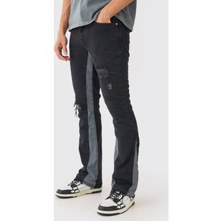 Mens Washed Black Slim Flare Distressed Gusset Panel Jeans