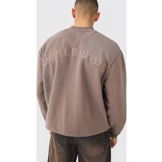 Mens Chocolate Oversized Boxy Washed Seam Applique Jersey Bomber Jacket