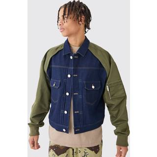 Mens Dark Blue Nylon And Denim Boxy Fit Jacket