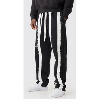 Mens Black Relaxed Cut & Sew Stripe Raw Edge Joggers
