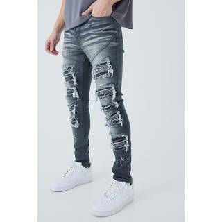 Mens Grey Super Skinny Biker Rip & Repair Paint Splatter Jeans