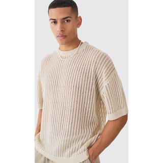 Mens Oversized Drop Shoulder Open Stitch T-shirt In Stone