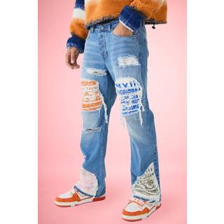 Mens Light Blue Relaxed Rigid Flare Rip & Repair Applique Jeans