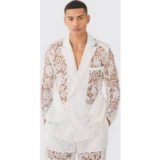 Mens White Relaxed Fit Double Breasted Lace Blazer