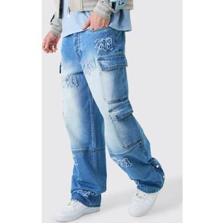 Mens Light Blue Baggy Rigid Bm Applique Multi Pocket Cargo Jeans