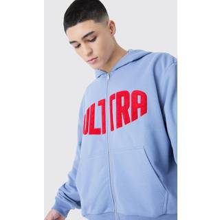 Mens Slate Blue Oversized Boxy Zip Thru Borg Applique Hoodie
