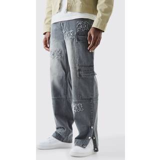 Mens Baggy Rigid Bm Applique Multi Pocket Cargo Jeans In Grey