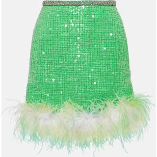 Self-Portrait Feather-trimmed sequined bouclÃ© miniskirt - green - XL