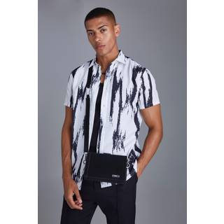 Mens Ecru Short Sleeve Slub Large Scale Abstract Regular Fit Shirt