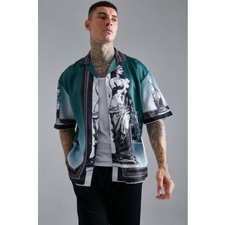 Mens Green Satin Oversized Revere Statue Border Shirt