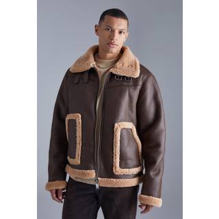 Mens Brown Tall Bonded PU Aviator Jacket With Borg Trims