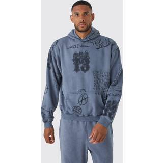 Mens Charcoal Tall Oversized Boxy Washed Graffiti Hoodie