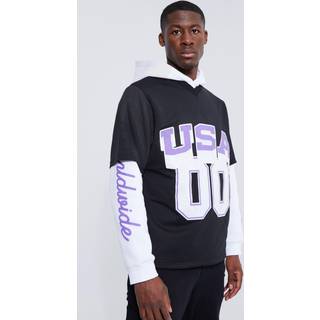 Mens Black Tall Faux Layer Mesh Print Hoodie