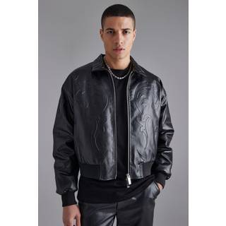Mens Black Embossed Pu Baroque Boxy Bomber Jacket