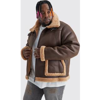 Mens Brown Plus Bonded PU Aviator Jacket With Borg Trims
