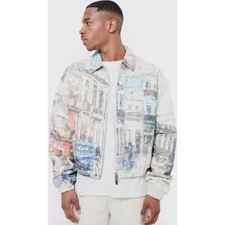 Mens Beige Boxy Scenic Twill Harrington Jacket