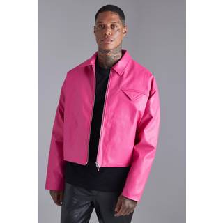 Mens Hot Pink Boxy Pu Harrington Jacket