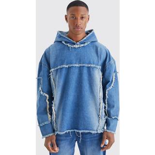 Mens Antique Blue Oversized Frayed Edge Denim Hoodie