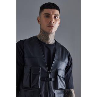 Mens Black Pu Utility Vest