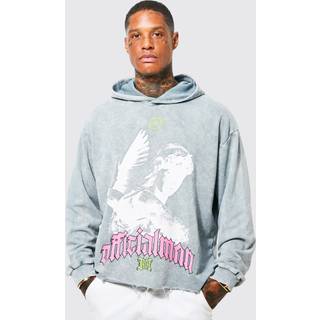 Mens Grey Oversized Boxy Acid Wash Dove Graphic Hoodie