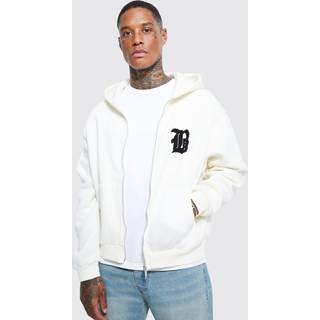 Mens Ecru Boxy Fit B Applique Zip Through Hoodie