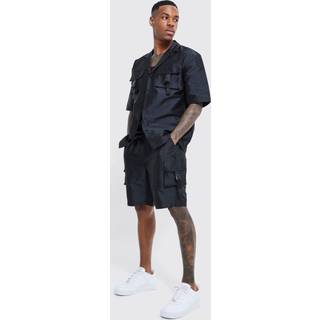 Mens Black Oversized Revere Utility Shirt & Cargo Short Set