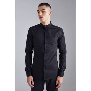 Mens Black Stretch Fit Grandad Collar Shirt