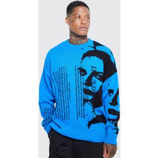 Mens Dusty Blue Oversized Portrait Text Knitted Jumper