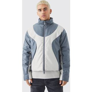 Mens Grey Boxy PU Funnel Neck Panelled Bomber Jacket