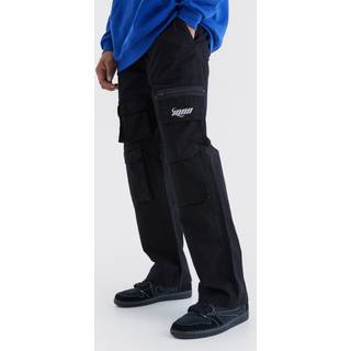 Mens Black Relaxed Multi Cargo Ripstop Trouser With Tonal Embroidery